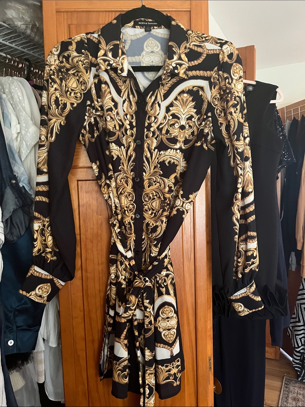 Jealous Tomato Black & Gold Baroque Long Sleeve Wrap Dress